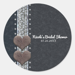 Western Glam Black Leather & Diamonds Bling Favor Classic Round Sticker