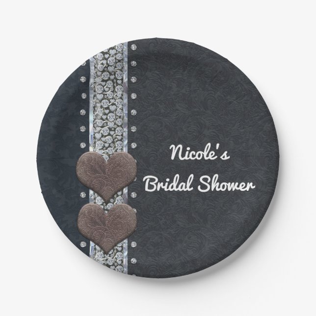 Western Glam Black Leather & Diamonds Bling Party Paper Plates (Front)