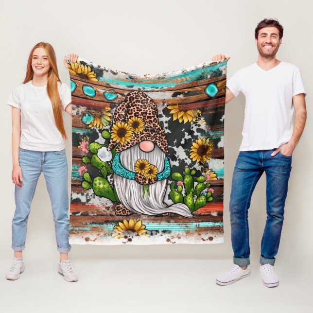Western Gnome Sunflowers Turquoise Stones Fleece Blanket (In Situ)