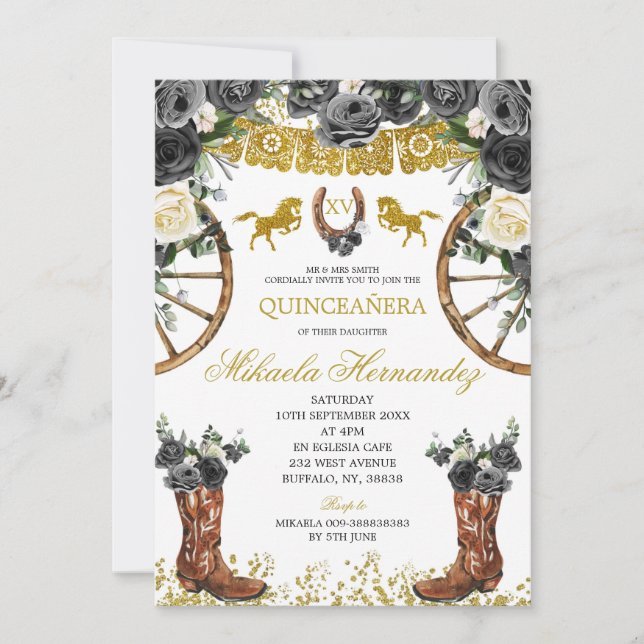 Western Gold and Black Charra Boots 15 Anos Invite (Front)