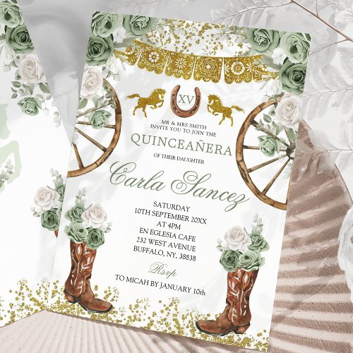 Western Gold and Sage Green Charra 15 Aos Invitation