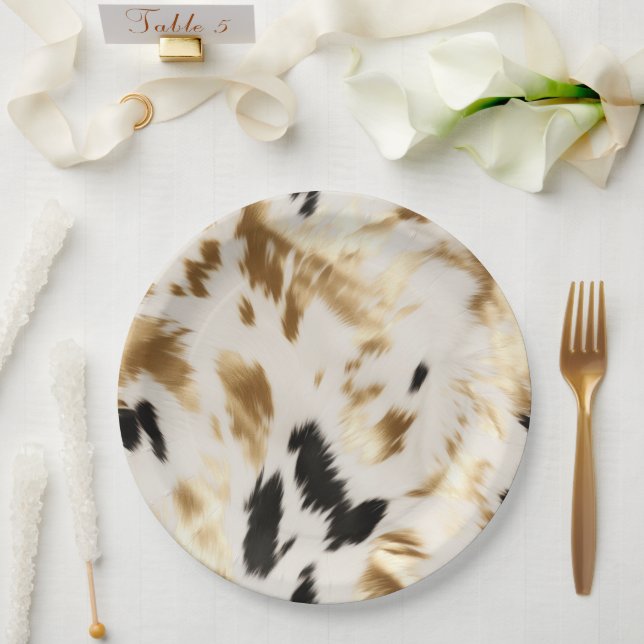 Western Gold Black White Cream Cowhide Paper Plates (Wedding)