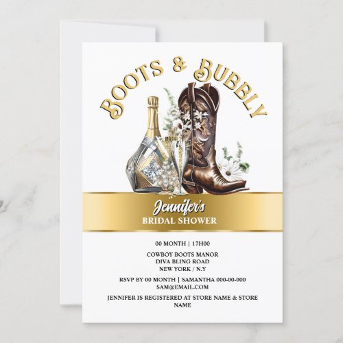Western gold cowboy boot floral bubbly summer chic invitation
