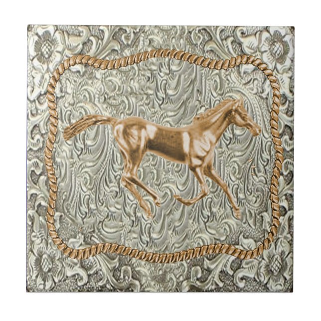 Western Gold Horse Belt Buckle Ceramic Tile (Front)