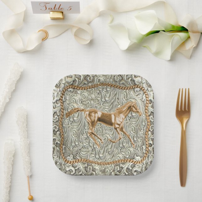 Western Gold Horse Belt Buckle Paper Plates (Wedding)
