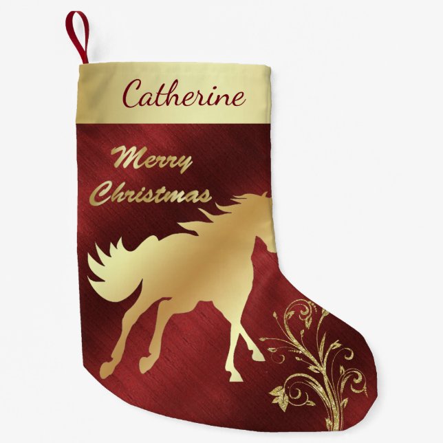 Western Gold Horse On Maroon/Wine Background Small Christmas Stocking (Front)