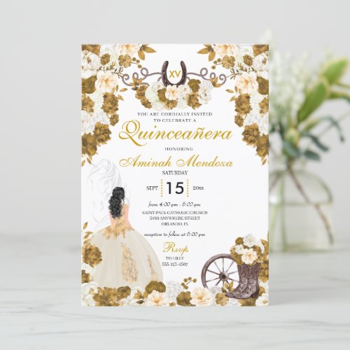 Western Gold Ivory Charro Cowgirl Quinceaera Invitation