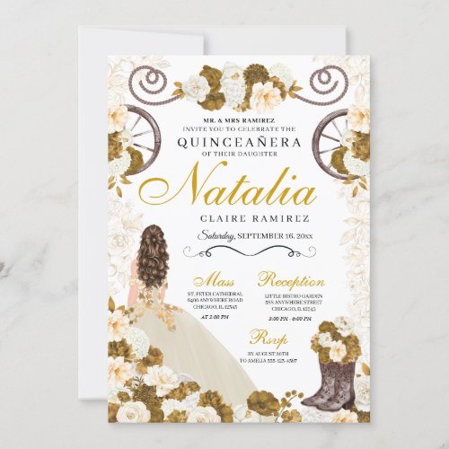 Western Gold  Ivory Princess Cowgirl Quinceanera Invitation
