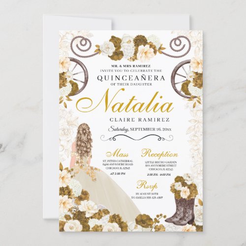 Western Gold  Ivory Princess Cowgirl Quinceanera Invitation