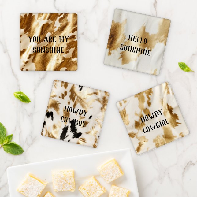 Western Gold White Cream Cowhide Coaster Set (In Situ)