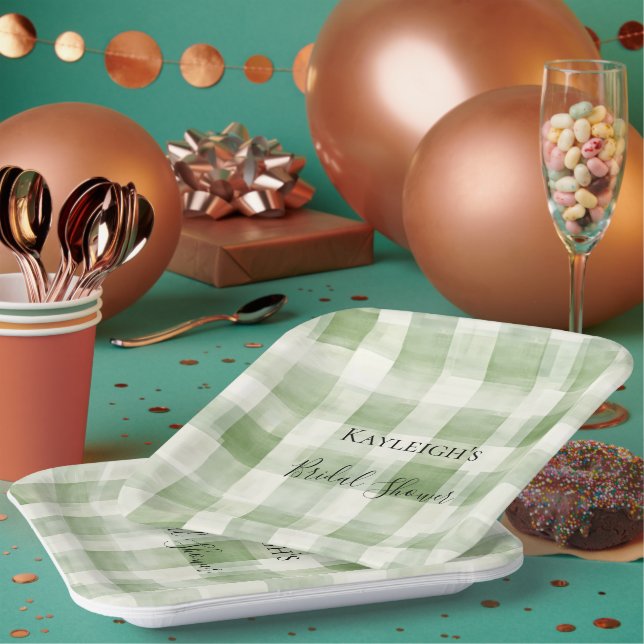 Western Green Cream Plaid Stripes Bridal Shower Paper Plates (Multi)