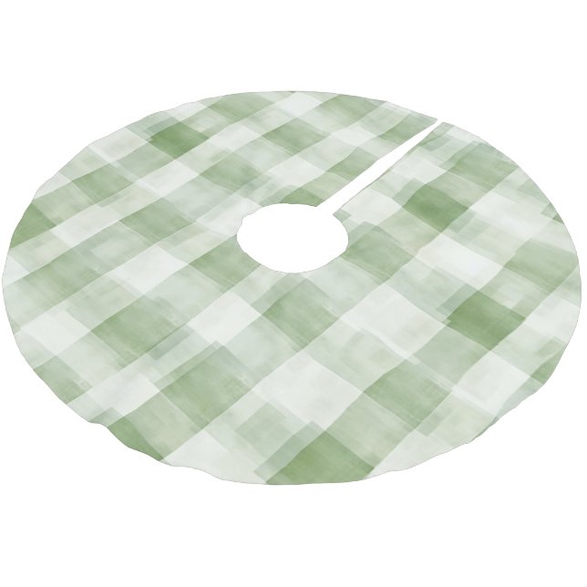 Western Green Cream Plaid Stripes Christmas Brushed Polyester Tree Skirt (Angled)