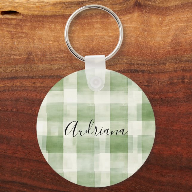 Western Green Cream Plaid Stripes Christmas Keychain (Front)