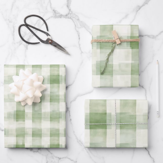 Western Green Cream Plaid Stripes Christmas Wrapping Paper Sheets (Front)