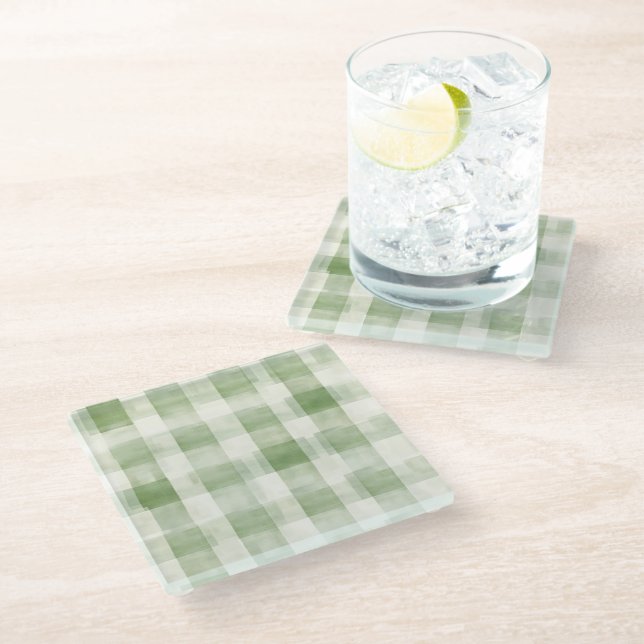 Western Green Cream Plaid Stripes Country   Glass Coaster (Angled)