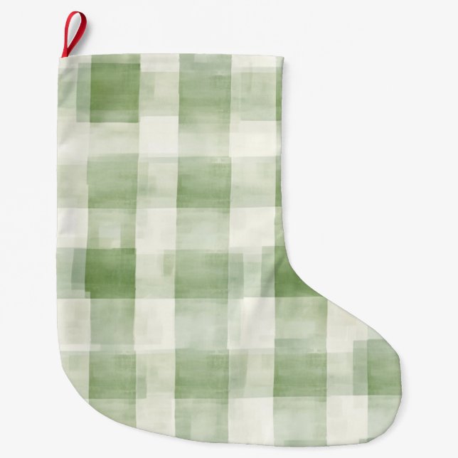 Western Green Cream Plaid Stripes Country   Large Christmas Stocking (Front)