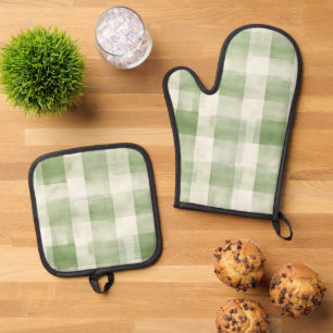 Western Green Cream Plaid Stripes Country Oven Mitt & Pot Holder Set