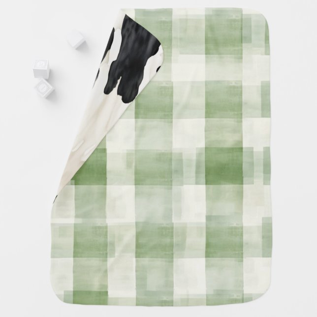 Western Green Cream Plaid Stripes Cow Country   Baby Blanket (In Situ)