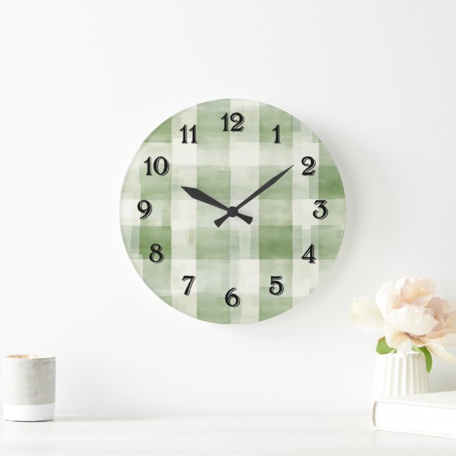 Western Green Cream Plaid Stripes   Large Clock (Home)