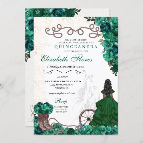 Western Green Princess Floral Charra Quinceaera Invitation