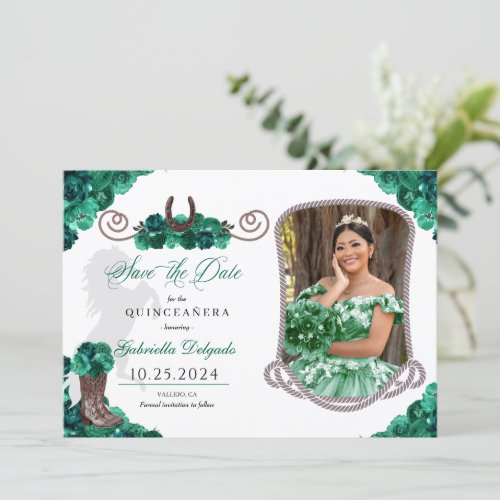 Western Green Quinceaera Save The Date Photo Invitation