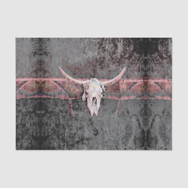 Western Grunge Texture Rustic Gray Pink Bull Skull Tissue Paper (Front)
