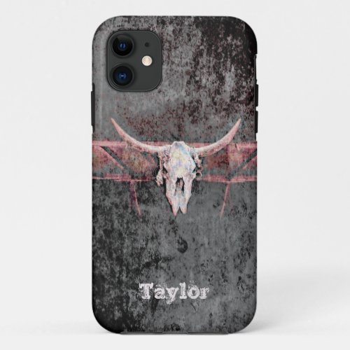 Western Grunge Texture Rustic Pink Gray Bull Skull iPhone 11 Case