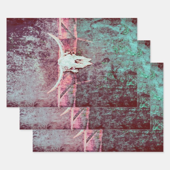 Western Grunge Texture Rustic Teal Bull Skull Wrapping Paper Sheets (Set)