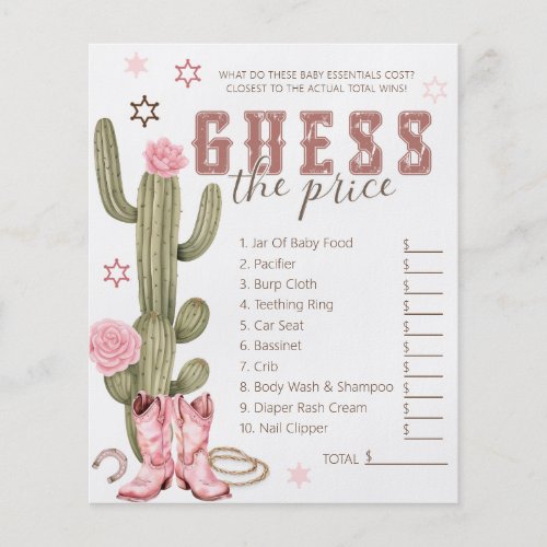 Western Guess The Price Baby Shower Game Sheet