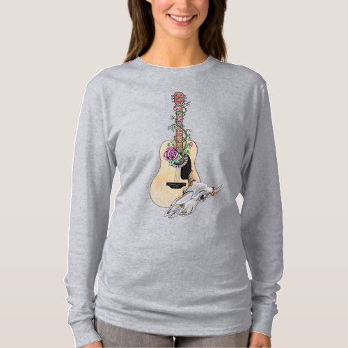Western Guitar Cow Skull Roses T_Shirt