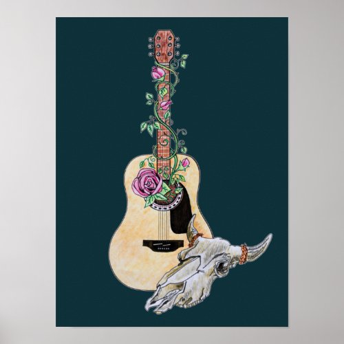 Western Guitar Steer Skull and Rose Vine Poster