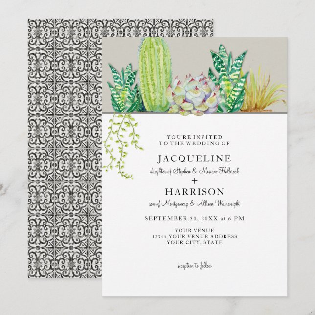 Western Hacienda Cactus Garden Wedding Invitation (Front/Back)