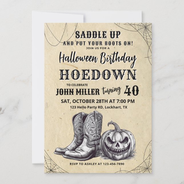 Western Halloween Birthday Hoedown, Cowboy Invitation (Front)
