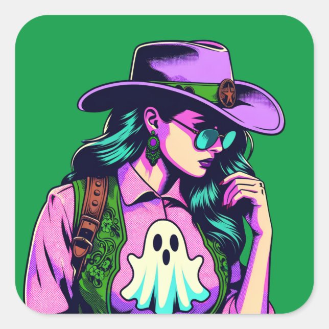 Western Halloween Cowgirl Ghost Pop Art Stickers (Front)