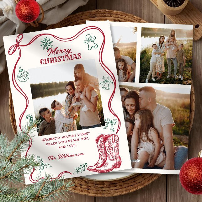 Western Hand Drawn Cowboy Boots Christmas 4 Photos Holiday Card (Creator Uploaded)