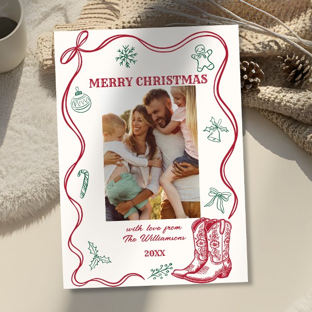 Western Hand Drawn Cowboy Boots Christmas Photo Holiday Card (Creator Uploaded)