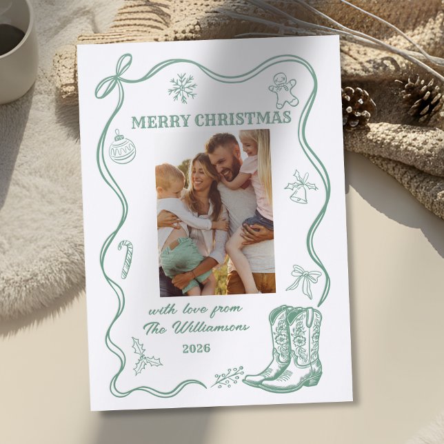 Western Hand Drawn Cowboy Boots Country Christmas Letterpress Photo Cards (Creator Uploaded)