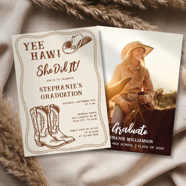Western Hand Drawn Cowboy Boots Graduation Party Invitation | Zazzle
