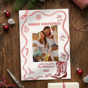 Western Hand Drawn Cowboy Boots Photo Christmas Foil Holiday Card