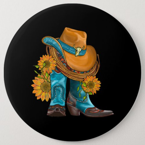 Western Hat And Cowboy Boots With Sunflowers Cowgi Button