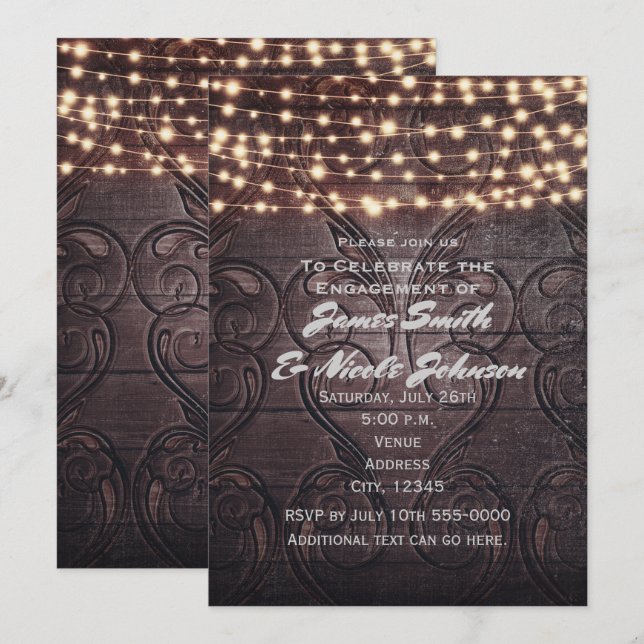 Western Hearts Carved in Wood & Lights Invitations (Front/Back)