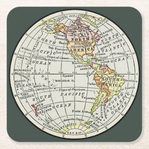Western Hemisphere Map Globe Travel Square Paper Coaster