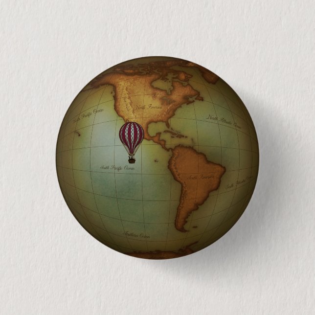 Western Hemisphere Map & Victorian Hot Air Balloon Button (Front)