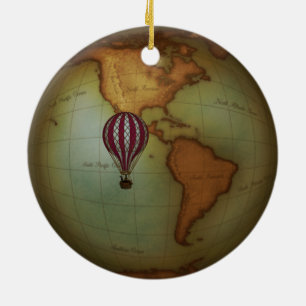 Western Hemisphere Steampunk Map & Hot Air Balloon Ceramic Ornament