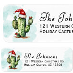 Western Holiday Cactus Christmas Return Address Label<br><div class="desc">A watercolor cactus wearing a classic red and white Santa hat with a light blue watercolor stain background. Perfect for sticking on your holiday mailings.</div>