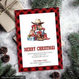 Western holiday card buffalo plaid typography