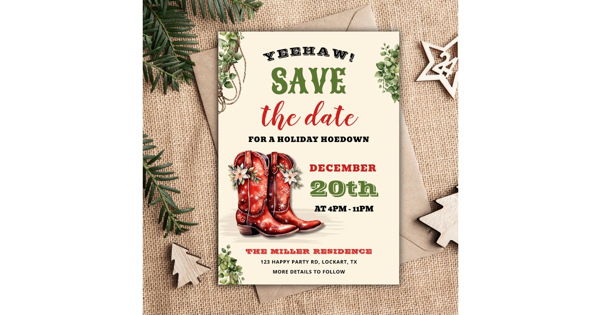 Western Holiday Hoedown, Christmas Country Cowboy Save The Date | Zazzle