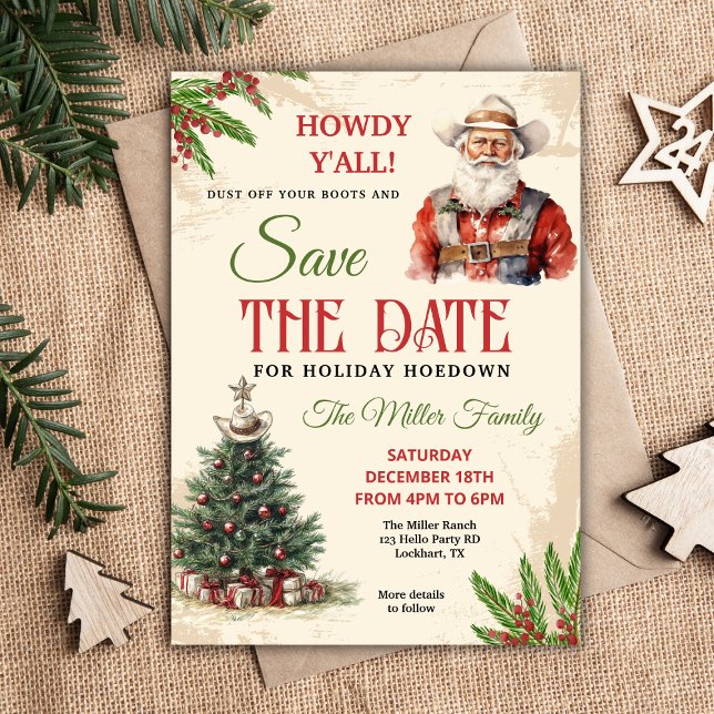 Western Holiday Hoedown Invite, Cowboy Santa Save The Date (Creator Uploaded)