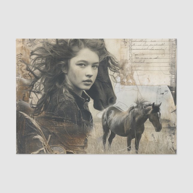 Western Horse and Girl Stained Decoupage Tissue Paper (Front)
