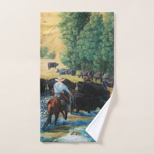 Western horseblack Angus cattle herdcowboy Hand Towel